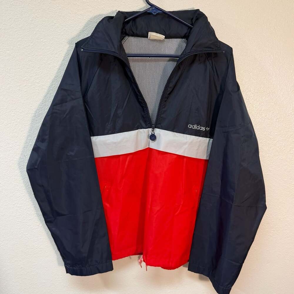 Large Adidas Half Zip Windbreaker Jacket Color Block Navy Red White 90s vintage